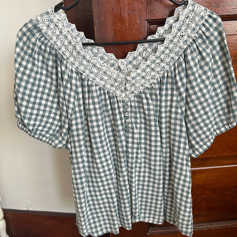 Madewell Green Checkered Blouse with Lace Detail